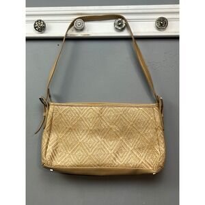 Stone Mountain Woven Straw Baguette Shoulder Bag Tan Leather Trim Geo Diamond